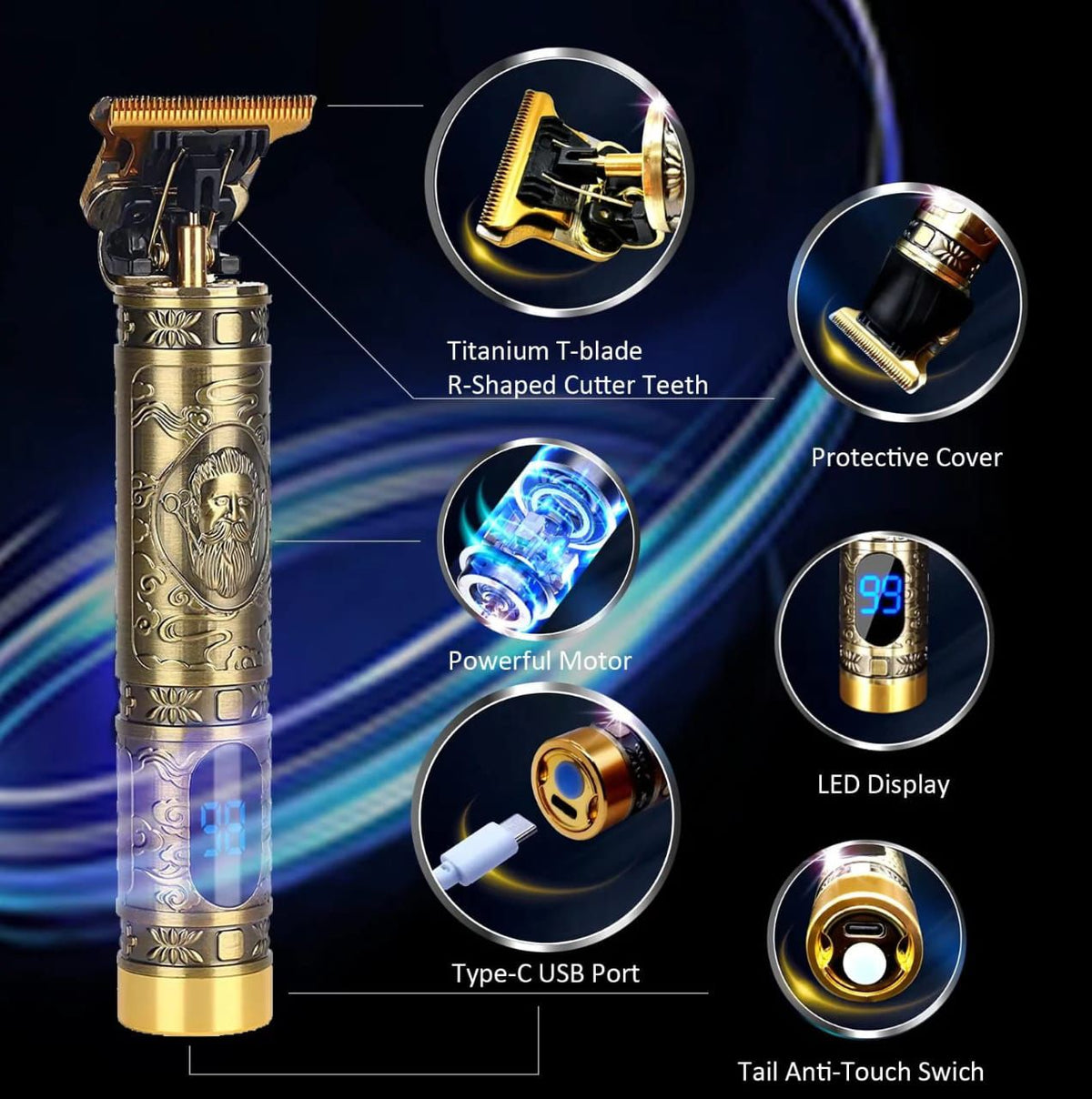 Vintage T9 Rechargeable Hair & Beard Trimmer – Metal Body Hair Clipper