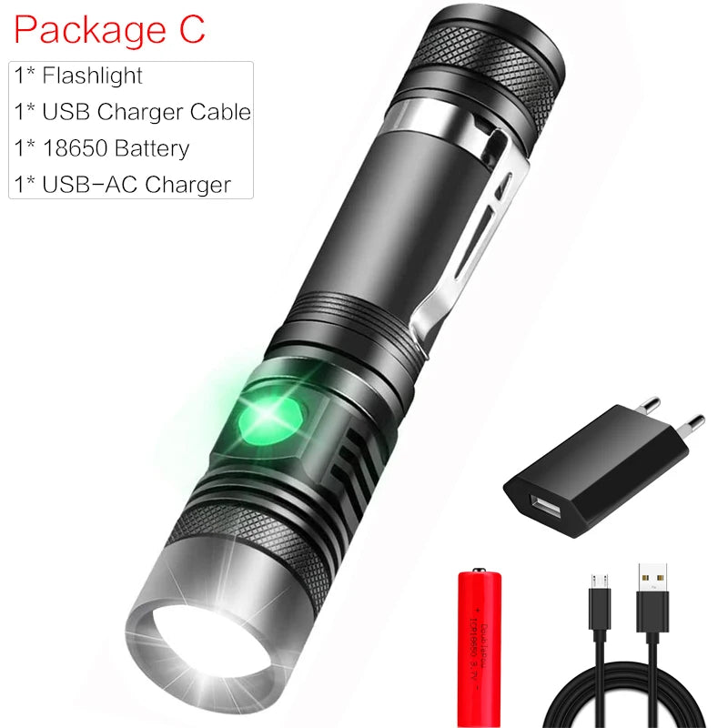 LED Torch Powerful Flashlight USB Rechargeable Flashlights Zoom Bicycle Light Torch Use 18650 Battery