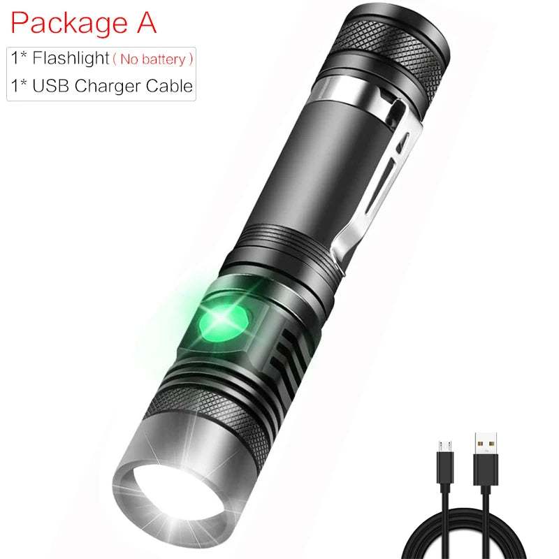 LED Torch Powerful Flashlight USB Rechargeable Flashlights Zoom Bicycle Light Torch Use 18650 Battery