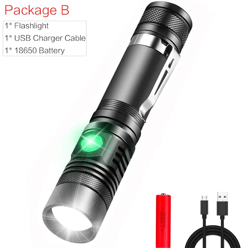 LED Torch Powerful Flashlight USB Rechargeable Flashlights Zoom Bicycle Light Torch Use 18650 Battery